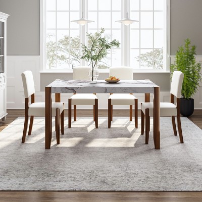 4-Piece White Dining Set,46 Inch Faux Marble Style Dining Table,Upholstered Chairs With Solid Rubberwood Legs And 2 Seater Bench-Cuddlewood