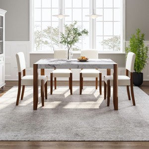 4-Piece White Dining Set,46 Inch Faux Marble Style Dining Table,Upholstered Chairs With Solid Rubberwood Legs And 2 Seater Bench-Cuddlewood - 1 of 4