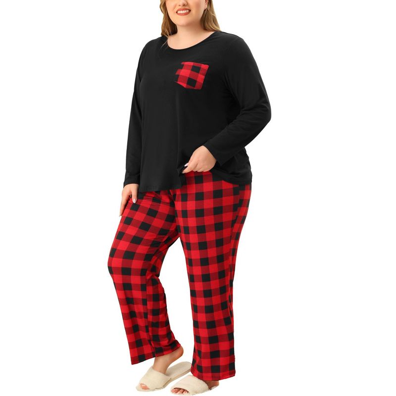 Agnes Orinda Women's Plus Size Check Stretch Glen Plaid Long Sleeve Pocket Casual Pajama Sets, 2 of 6