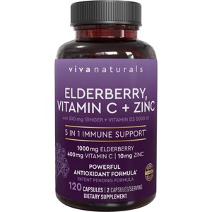 Viva Naturals Elderberry 5-in-1 Immune Support Supplement with Vitamin C & Zinc Vegetarian Capsules - 120ct - 1 of 4