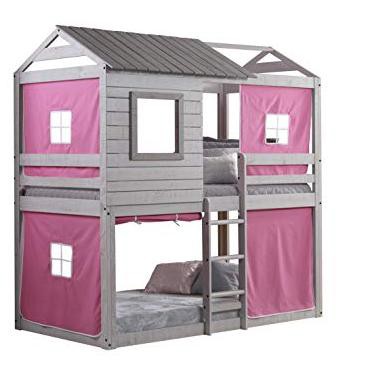 Donco Kids Deer Blind Twin Over Twin Rustic Grey House Bunkbed With Pink Tent