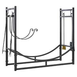 Outsunny 2-Tier Firewood Rack, Indoor Outdoor Wood Holder with Tools for Fireplace or Fire Pit, Includes Poker, Tongs, Broom, Shovel, 33", Black - 1 of 4