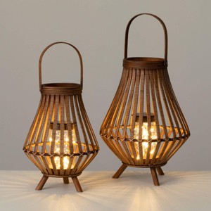 Sullivans 18.5" & 15.25" Standing Wicker Led Lanterns Set of 2, Wood - 1 of 4
