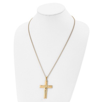 Chisel Stainless Steel Polished Yellow IP-plated Crucifix Pendant on a 24" Curb Chain Necklace