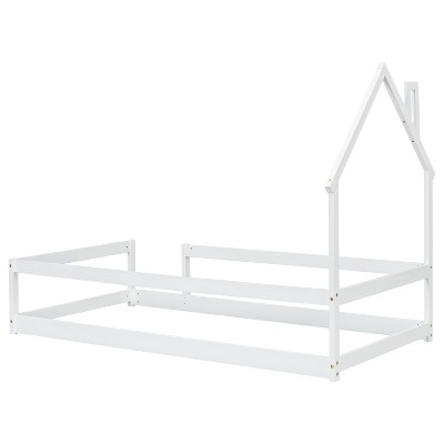 DOMETOUR Twin Size Wood bed with House-shaped Headboard Floor bed with Fences,White