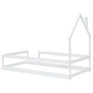 DOMETOUR Twin Size Wood bed with House-shaped Headboard Floor bed with Fences,White - 1 of 4
