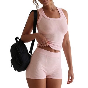 Women's Ribbed Knit Two-Piece Active Set - Cropped Racerback Tank