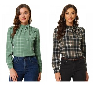 INSPIRE CHIC Women's Bow Tie Neck Keyhole Back Grid Checks Office Work Blouses 2 Packs - 1 of 4
