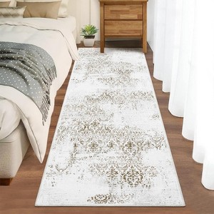 Boho Chenille Washable Area Rug with Distressed Damask Print, Non-Slip TPR Backing, Stain Resistant Carpet for Living Room, Bedroom, Entryway - 1 of 4