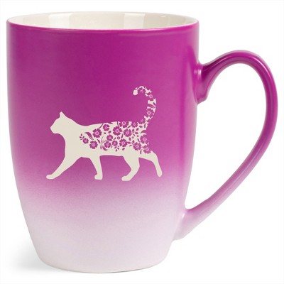 Elanze Designs Cat and Flowers 12 Ounce Ceramic Laser-Etched Engraved Drinkware Mug, Fuchsia and White Ombre