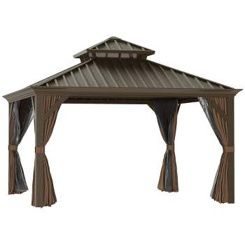 Outsunny Patio Gazebo 12' x 12', Netting & Curtains, 2 Tier Double Vented Steel Roof, Hardtop, Ceiling Hooks, Rust Proof Aluminum, Brown