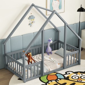 NicBex Twin/Full Size Kids Montessori Bed with Wood Roof Frame,Floor Bed with Guardrail Design,Toddler bed for Bedroom Playroom,Gray - 1 of 4