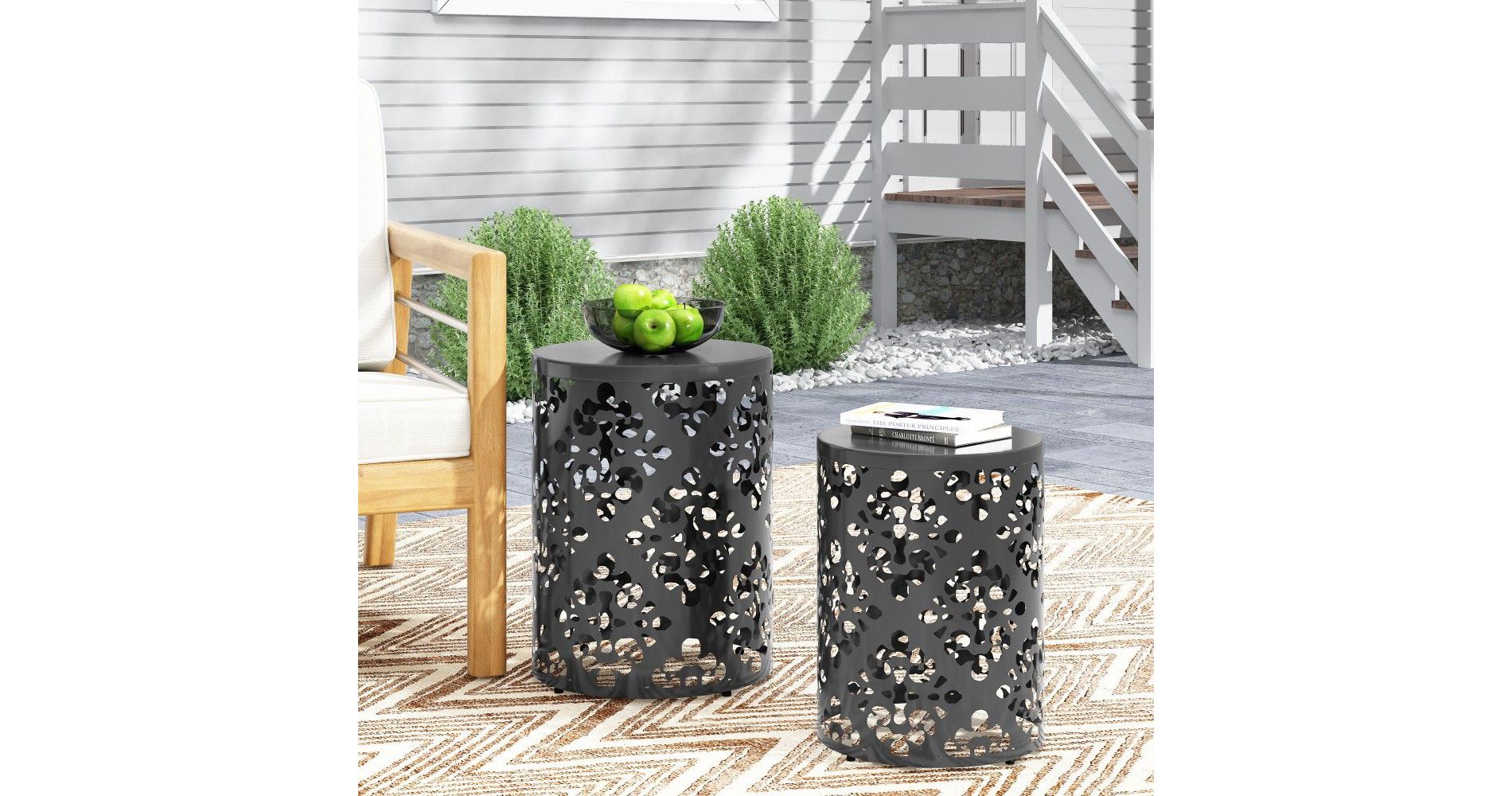 TUYOHW Round Patio End Table with Durable Frame,Metal Patio Side Table for Backyard,Pool,Indoor Companion,Durable and Rustproof,2PC,Black