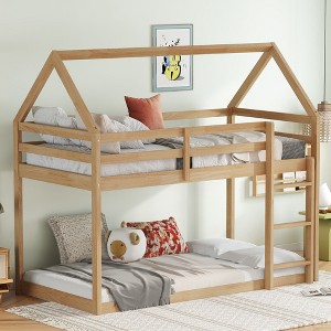 NicBex Twin over Twin Bunk Bed Low Height Wooden Bed Frame House Shape Design with Ladder and Full Length Guardrail, No Box Spring Required - 1 of 4