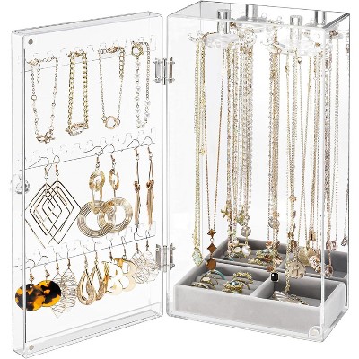Acrylic Jewelry Organizer with 24 Hooks, Rotating Clear Necklaces Display Box with Built-in Mirror