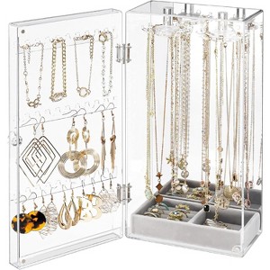 Acrylic Jewelry Organizer with 24 Hooks, Rotating Clear Necklaces Display Box with Built-in Mirror - 1 of 4