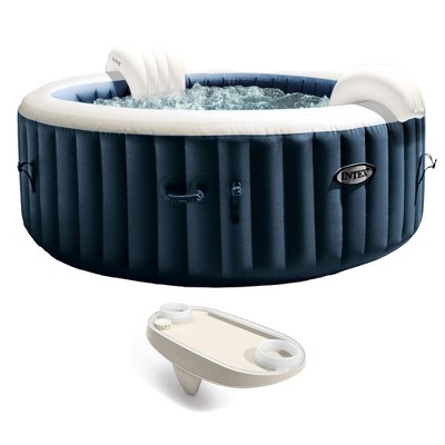 Intex 28429EP PureSpa Plus Portable Inflatable Hot Tub Bubble Jet Spa, 77 x 28", with Tablet Mobile Phone Spa Tray Accessory w/ LED Light Strip, White