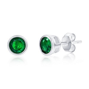 Bella Silver Sterling Silver 6mm Bezel-Set CZ Stud Earrings - Emerald - 1 of 2
