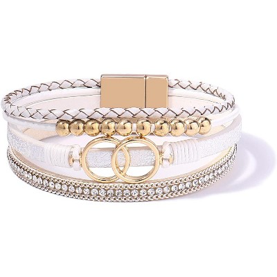 Boho Wrap Bracelet with Infinity Design, Leather Cuff Bangle with Magnetic Clasp, Stackable Jewelry Gift for Mom