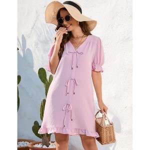Women Summer Tunic Dress V Neck Short Sleeve Casual Loose Flowy Swing Babydoll Shift Dresses with Pockets - 1 of 4