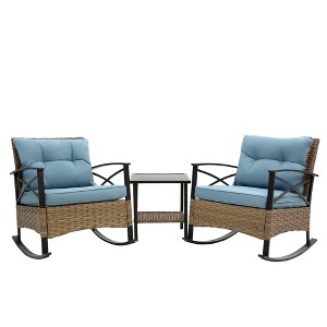 Dexmalle Rocking Rattan Chair with Blue Cushion and Rattan Table - 1 of 4