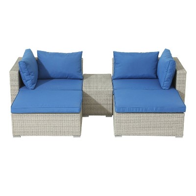 5pc Wicker Rattan Seating Set with Blue Cushions - Accent Furniture