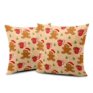 Christmas Gingerbread Man Decorative Throw Pillow Covers 18x18 Set of 2 Cute Candy Cane Hot Cocoa Xmas Tree Print - 1 of 4