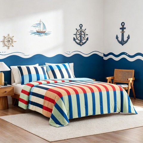 SNUGGLE SAC Double‑Sided Striped Cooling Comforter with 2 Pillowcases Breathable Summer Bedding Set Vibrant Coastal Design Snuggle Sac,Green Orange,90"x90"