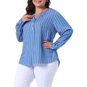 Agnes Orinda Women's Plus Size V Neck Striped Long Sleeve Button Down Blouses - 1 of 4