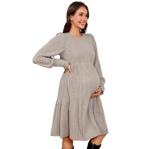 Coolmee Women's Maternity Long Lantern Sleeve Ribbed Knit Dresses Crew Neck Casual Fall Winter Flowy Swing Tunic Sweater Midi Dress - 1 of 4