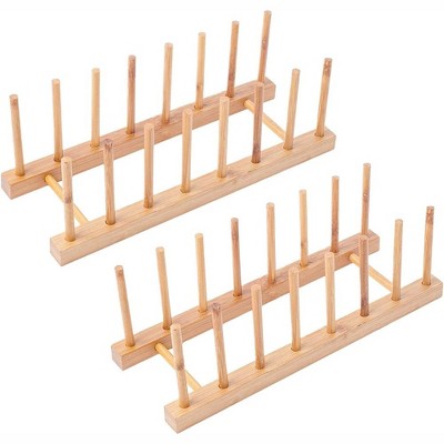 OUTSUPPLY 2-Pack Multi-Functional Bamboo Dish Rack, Plate & Lid Organizer for Kitchen Cabinets, Hooks