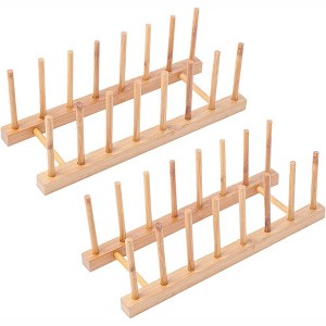 OUTSUPPLY 2-Pack Multi-Functional Bamboo Dish Rack, Plate & Lid Organizer for Kitchen Cabinets, Hooks - 1 of 4