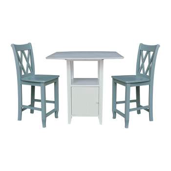 Dual Drop Leaf Bistro Table Dining Set with 2 Double Cross Back Counter Height Barstools White/Chalk Antiqued - International Concepts