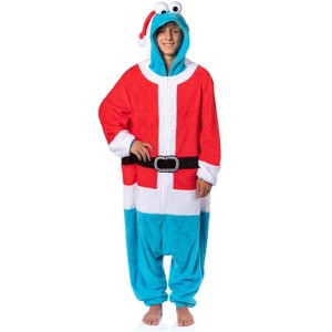 Sesame Street Adult Santa Cookie Monster Hooded Costume Fleece Pajama Kigurumi Union Suit - 1 of 4
