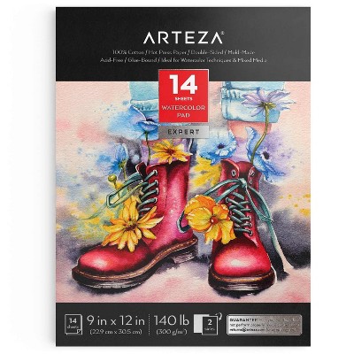 Arteza Hot-Pressed Watercolor Paper Pad, 100% Cotton, 9”x12”, 14 Sheets, For Detailed Work and Line Work, Dries Fast with Vivid Colors (ARTZ-3932)