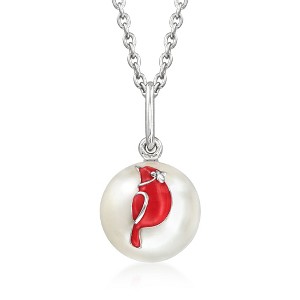 Ross-Simons 8.5-9mm Cultured Pearl and Red Enamel Cardinal Pendant Necklace in Sterling Silver Size 18 - 1 of 3