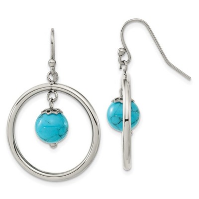 Chisel Stainless Steel Polished with Synthetic Turquoise Dangle Earrings with Shepherd Hook