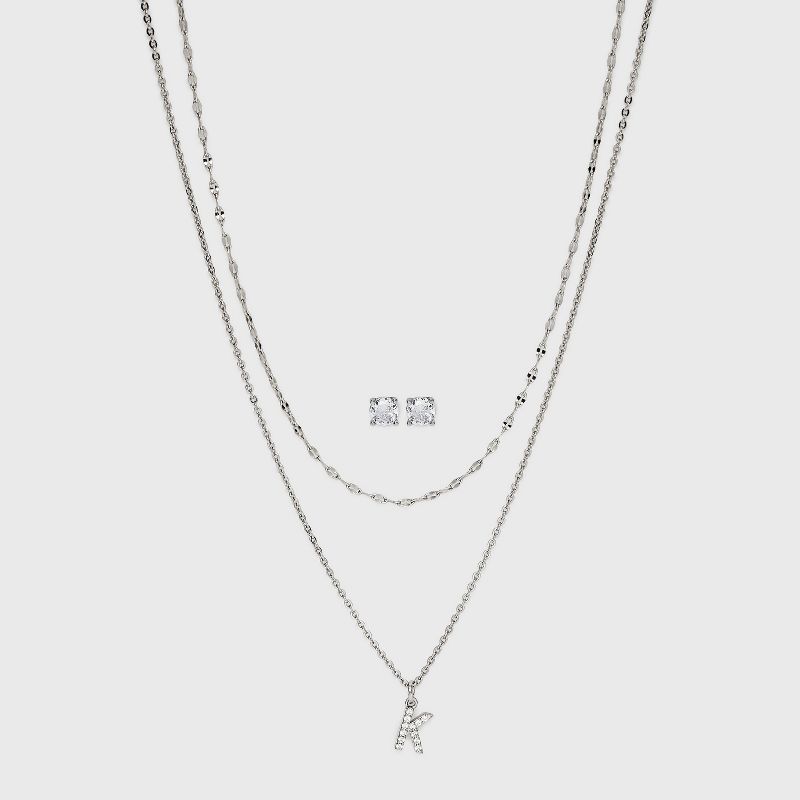 Silver Plated Cubic Zirconia Stud Earring and Initial Multi-Strand Chain Necklace Set 2pc - A New Day™ Silver, 1 of 6