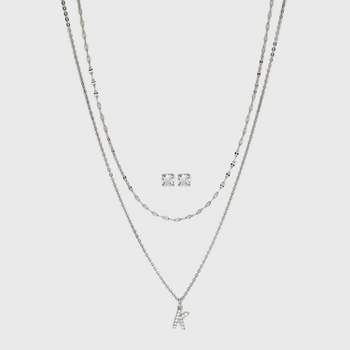 Silver Plated Cubic Zirconia Stud Earring and Initial Multi-Strand Chain Necklace Set 2pc - A New Day™ Silver