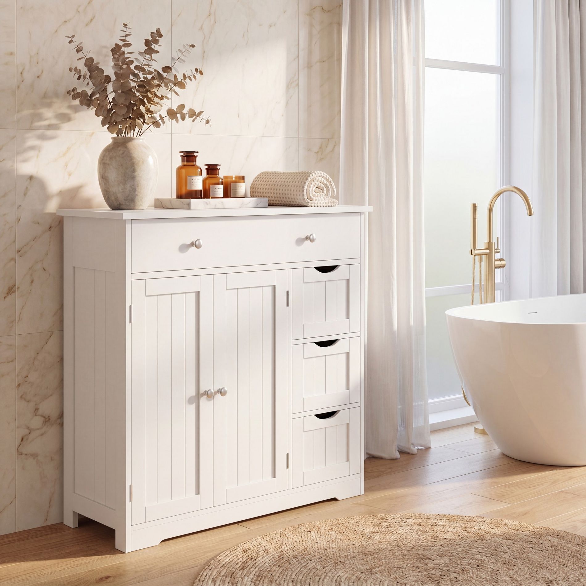 Costway Bathroom Floor Cabinet, Storage Cabinet with 4 Drawers,2 Doors&Adjustable Shelf White