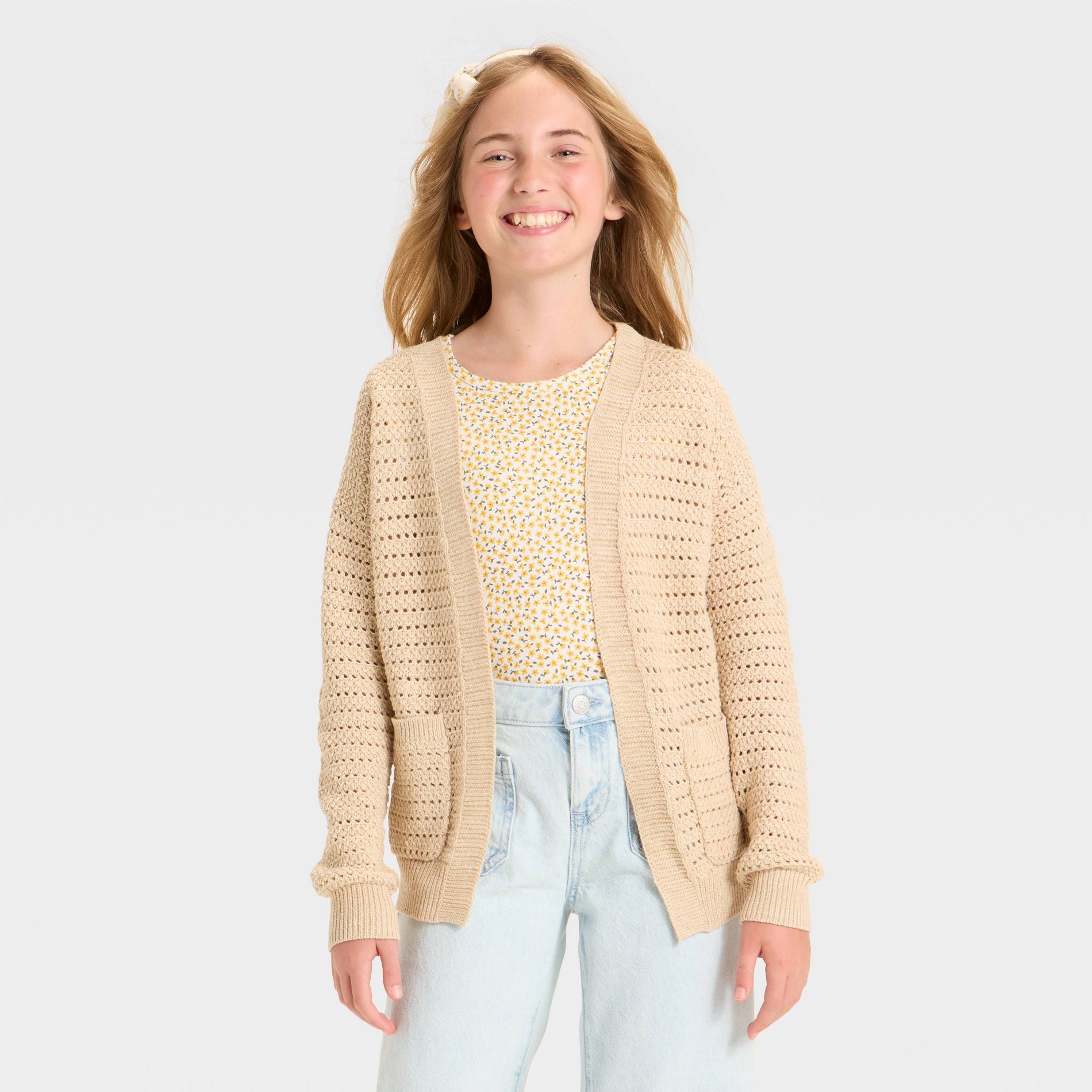 Girls' Pointelle Cardigan - Cat & Jack™ Heather Beige M