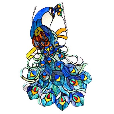 Chloe Lighting Glory Tiffany-Glass Peacock Window Panel 25" Tall