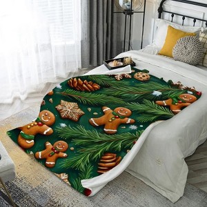 Festive Gingerbread & Pine Tree Christmas Flannel Blanket Home decoration sofa, bed, camping, living room, office blanket, flannel blanket. - 1 of 4