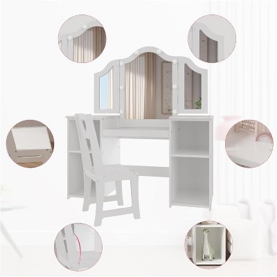 Acekool 2-in-1 Girls Vanity Table and Chair Set, Tri-Folding Mirror, Large Storage, Touch Mirror, Easy Assembly, for Kids Bedroom, Pink and White