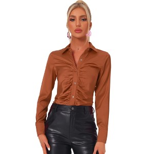 Allegra K Women's Long Sleeve Fashion Point Collar Button Up Satin Blouse - 1 of 4