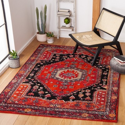 Vintage Red and Black Synthetic Oriental Area Rug, 5'3" x 7'6"