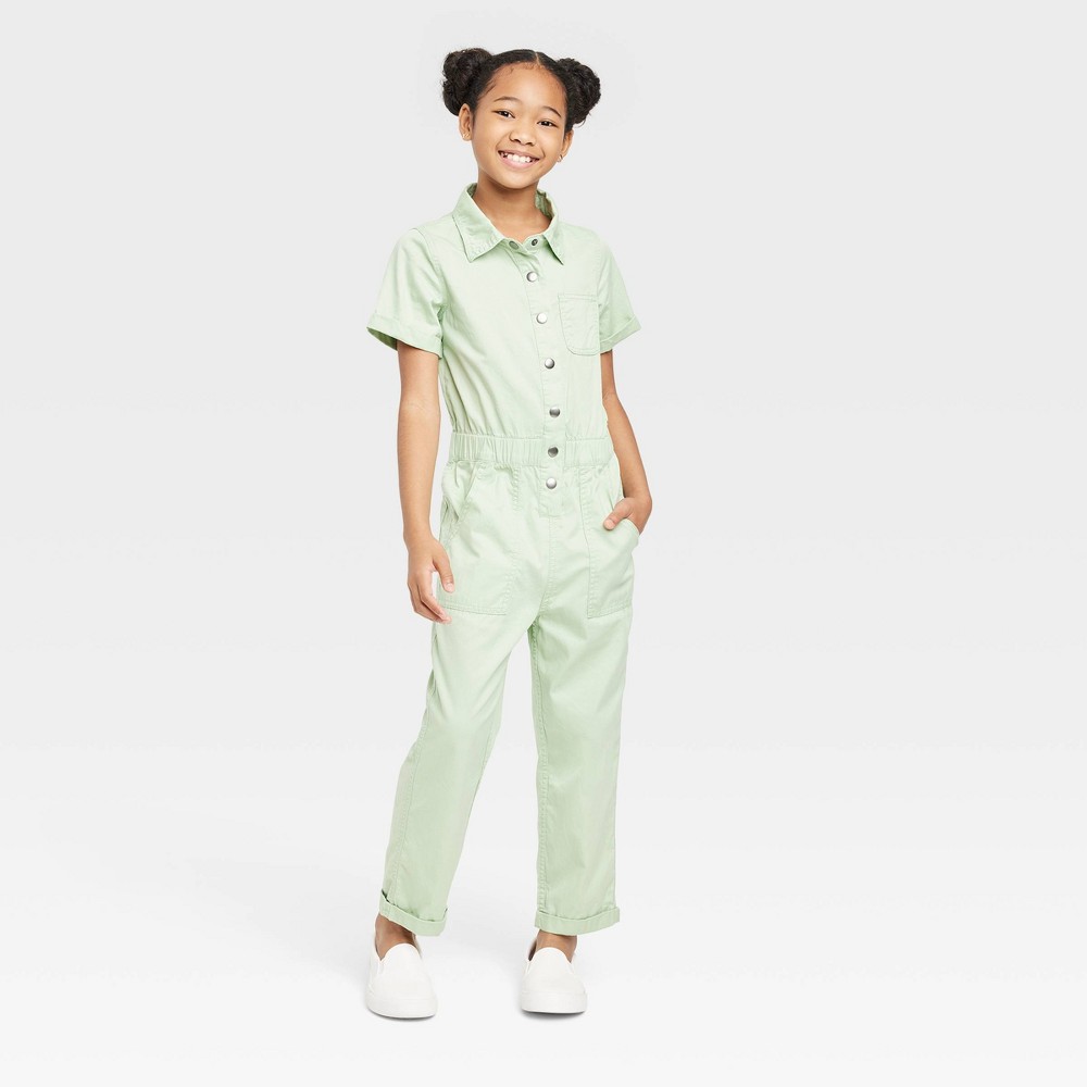 Girls' Short Sleeve Jumpsuit - Cat & Jack Sage Green M 