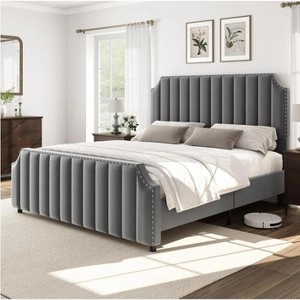 coucheta Platform Bed Frame with 50.2" Headboard, Velvet Upholstered Bed Frame Nailhead Trim, No Box Spring Needed - 1 of 4