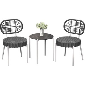 3-Piece Patio Bistro Set, Outdoor Rattan Chairs & Glass Top Table - All-Weather PE Wicker Furniture for Balcony, Garden, or Backyard - 1 of 4