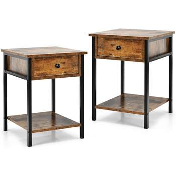 Tangkula Set of 2 Industrial 2-Tier End Table Nightstand with Storage Drawer and Shelf Bedside Tables with Metal Frame Brown